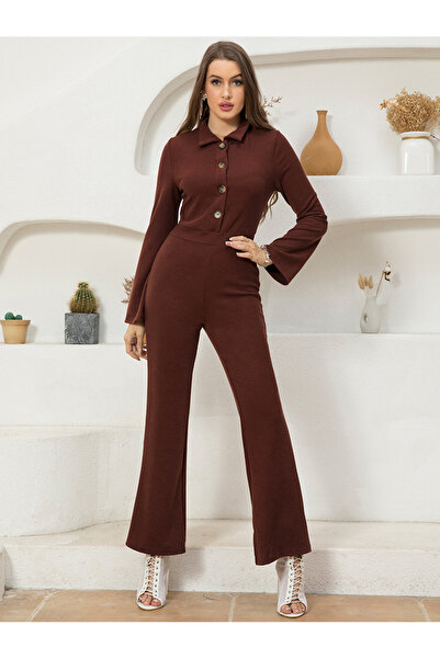 FridayIn Casual Lapel Solid color Buttons Regular sleeve Jumpsuits
