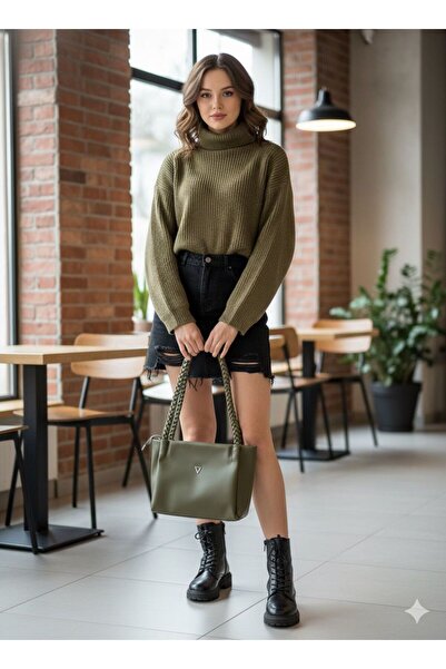 ZERVA QUEEN Khaki Color Women's Hand and Shoulder Bag with Knitted Detail