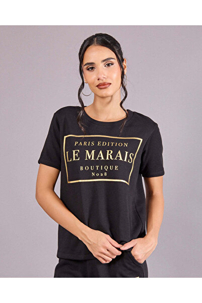 REDTAG Women Black T-Shirt with Gold Print