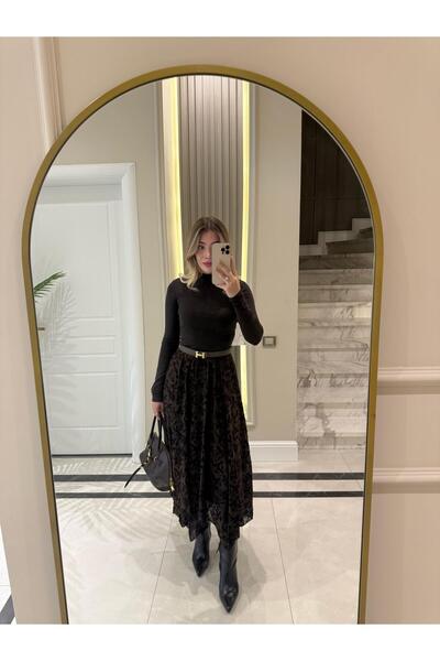 CKBUTİK Kahverengi Flok Baskılı Etek-0709