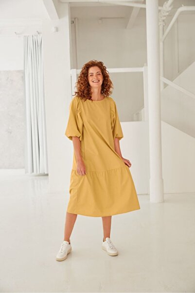 Tchibo فستان نسائي متوسط الطول بأكمام منفوخة، أصفر