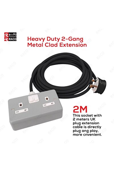Raco Heavy Duty Extension Cable – 2 Gang Metal Clad 13A UK Switch Socket (2 Meter)