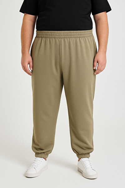 metsawear Khaki Color Large Size Elastic Leg Bottom Sweatpants 2 Thread Ş Fleece-Lined Cotton
