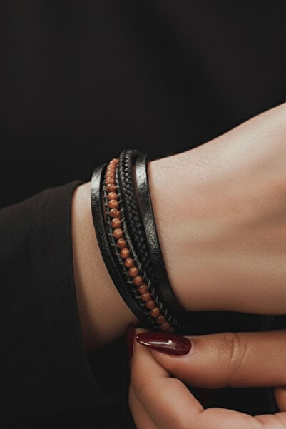 OSMANLI GÜMÜŞ سوار جلدي نسائي - سوار نسائي من الجلد الطبيعي بتصميم نجمة متعدد الطبقات من الجلد المضاد للصدأ