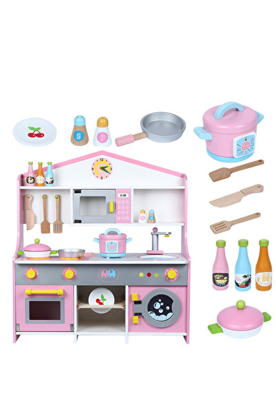 bebeLOGIC Bucătărie de jucărie din lemn, set complet cu cuptor, chiuvetă, mașină de spălat, roz, 72x62cm