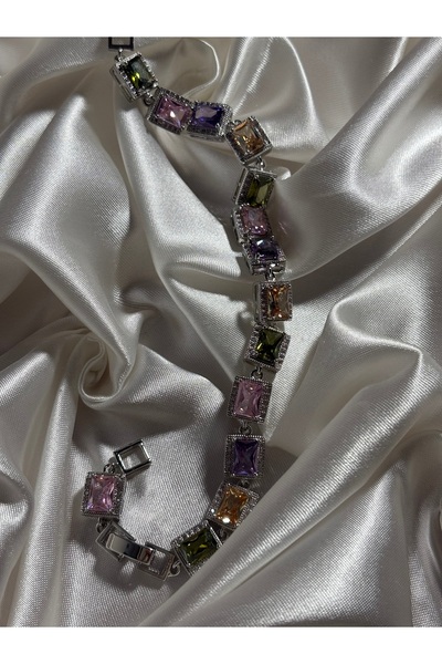 Mihristore Colorful Stone Silver Bracelet Zircon Stone Baguette Model Silver Color Bracelet