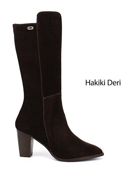 GÖNDERİ(R) Women's Brown Suede Pointed Toe Thick Heeled Genuine Leather Boots