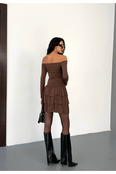 DAİSİES Women's Clothing Brown Boat Neck Detailed Skirt Layered Ruffled Sandy Fabric Mini Dress.