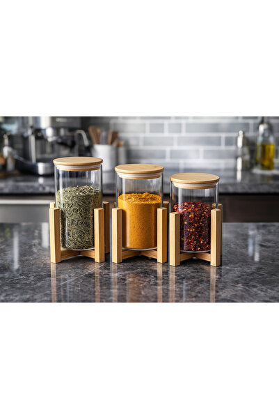 İnterlife Set of 3 Glass Jars with Bamboo Lids Long Special Bamboo Base Airtight Jars Premium Kitchen