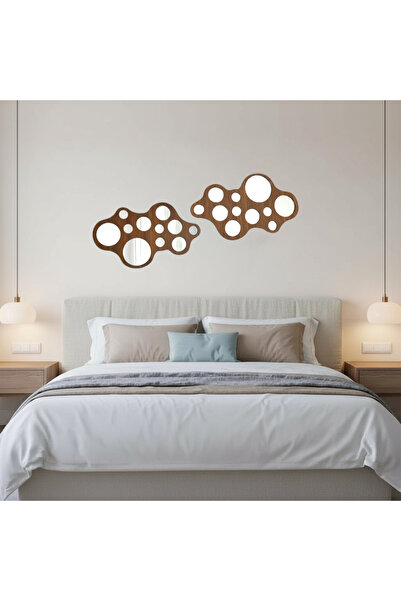 Pemina Amorf Ahşap Duvar Süsü Pleksi Aynalı 2'li (Koyu Ceviz- Koyu Ceviz)