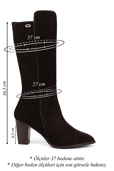 GÖNDERİ(R) Women's Brown Suede Pointed Toe Thick Heeled Genuine Leather Boots