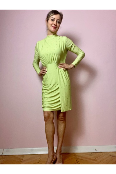FOREVER UNIQUE Crystal Stone Pistachio Green Draped Bodycon Midi Dress