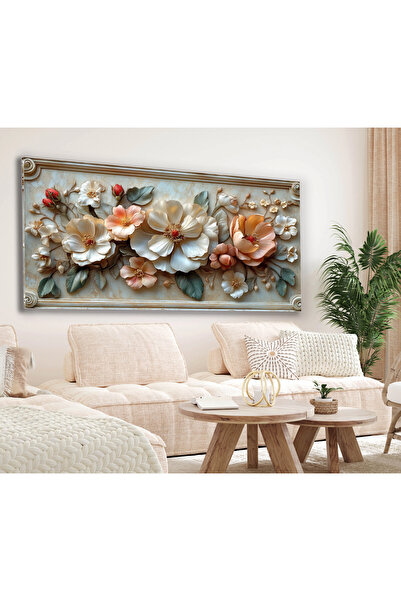 bestablo Kabartma Görünümlü Renkli Çiçekler Kanvas Tablo, Ev Dekoru, Salon Ta...
