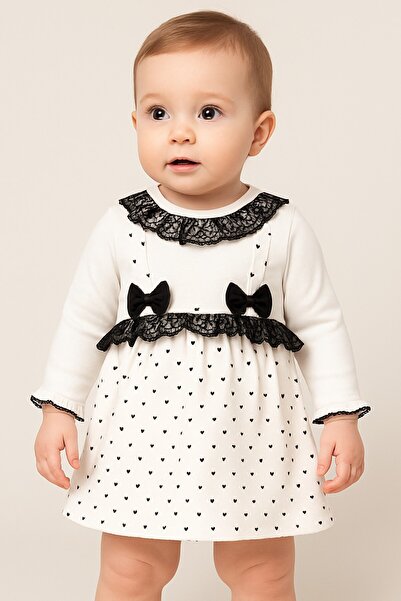 Chicsy Baby Kız Bebek Kalp Desenli Dantelli Fiyonklu Askılı Elbise Takım