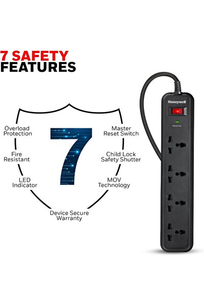 HONEYWELL Surge Protector, 4 Universal Sockets, 2m Cord, 15000Amp, Master Switch