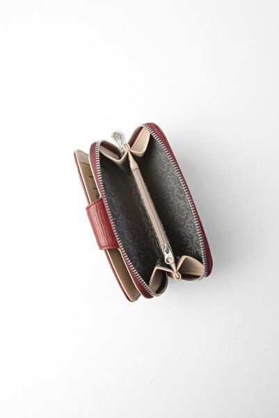 CENGİZ PAKEL Patterned Medium Size Women's Wallet - 65306A - Claret Red/Mink