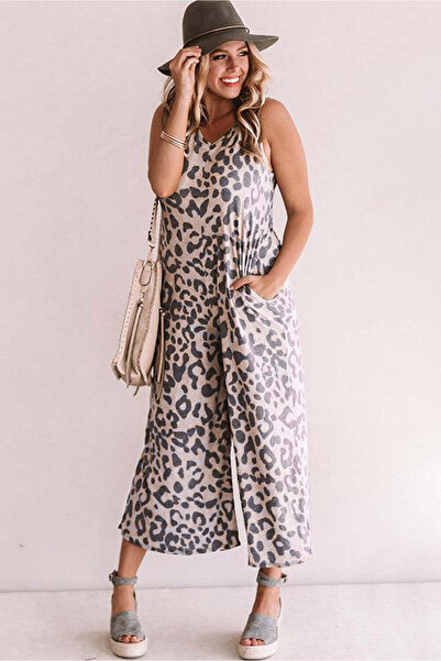 WildFashion Long, casual, sleeveless, loose-fitting jumpsuit with leopard print, pink and leopard print D845-99