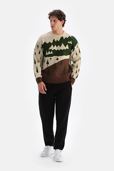 Dagi Κρεμ ανδρικό πλεκτό πουλόβερ με σχέδιο δέντρου για την Πρωτοχρονιά