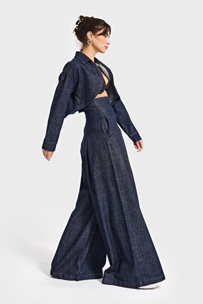 its basic Blugi de damă Indigo Color 7w5-50 Super Palazzo Fit Y talie înaltă cu design special