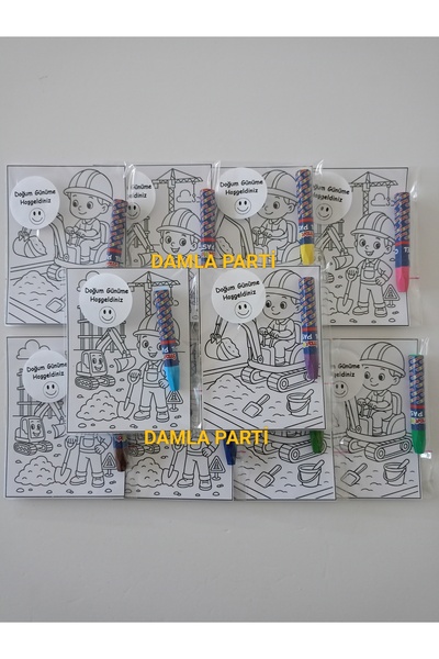 DAMLA PARTİ İnşaat Konsept Pastel Boyama 2li, 10 Adet, İnşaat Temalı Doğum Gü...
