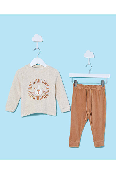 REDTAG Infant Boys Beige And Brown Melange Velour Pyjama Set (2 Piece)