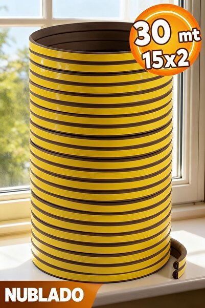 NUBLADO Yapışkanlı Kapı - Pencere Bandı Fitili Soğuk İzolasyon Kauçuk Bantları 15x2=30 Metre (KAHVERENGİ)