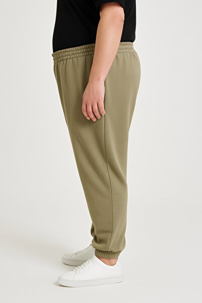 metsawear Khaki Color Large Size Elastic Leg Bottom Sweatpants 2 Thread Ş Fleece-Lined Cotton