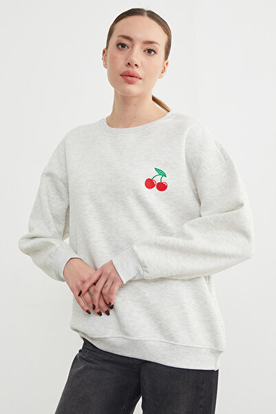 Fulla Moda 3 Yarn Cherry B Printed O Oversized Sweatshirt