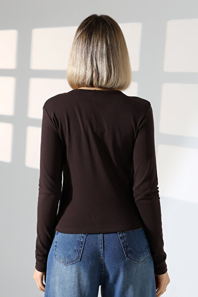 Endies Buttoned V-Neck Long Sleeve Cotton Basic Women's T-Shirt 21926 Brown