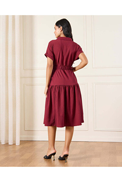 REDTAG Women Burgundy Belted Drop Shoulder Midi Dress