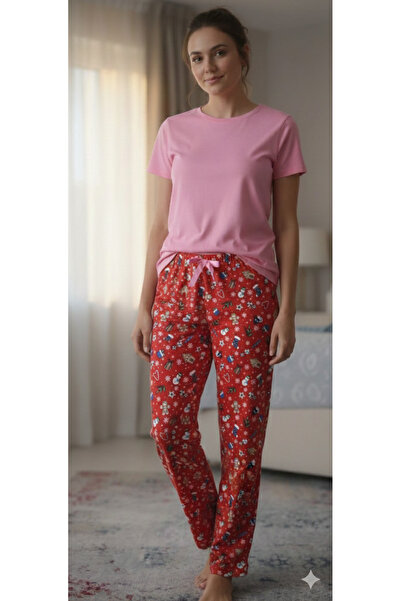 Melff Women's Cotton Suede Fabric Ribbon Waist Detailed Pocketless Women's Pajama Bottoms