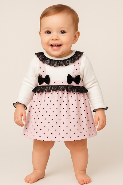Chicsy Baby Kız Bebek Kalp Desenli Dantelli Fiyonklu Askılı Elbise Takım