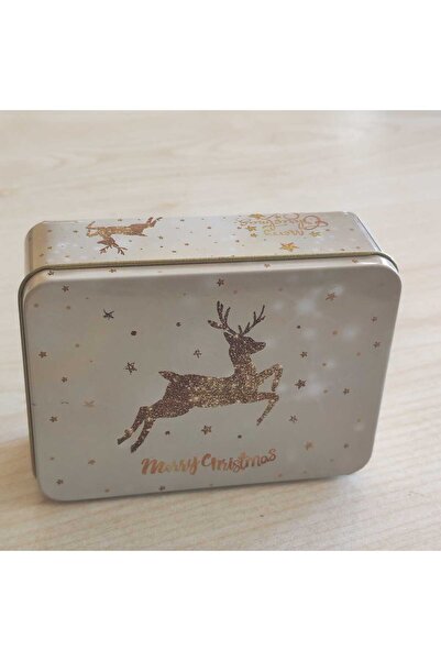 Kutuday 1 Adet 12X9x4cm Yılbaşı Metal Kutu Dikdörtgen Beyaz Geyikli