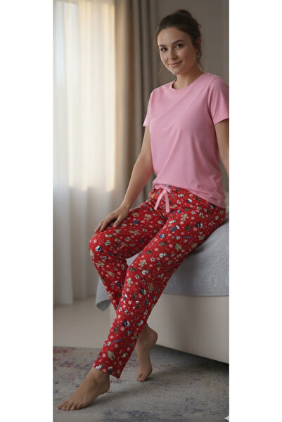 Melff Women's Cotton Suede Fabric Ribbon Waist Detailed Pocketless Women's Pajama Bottoms