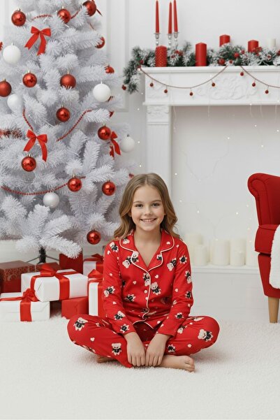 sharin Girls' Red Patterned Soft Suede Fabric Buttoned Pajama Set 5E-4771
