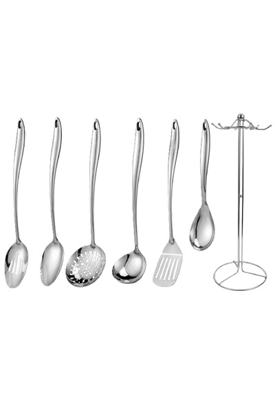 ELEGANT HOME طقم ملاعق طبخ من الفولاذ المقاوم للصدأ وحامل - 7 قطع ضمان ذهبي ط...