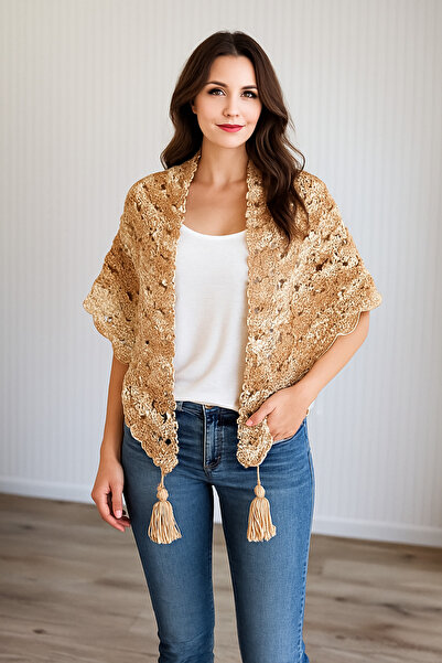 Alpin El Örgüsü Bej Kadın Şal / Çok Yönlü Stil / Öne Size