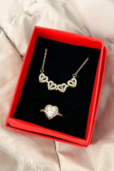 Si moda Mıknatıslı Zirkon Taşlı Yonca Kolye & Kalp Yüzük Şık Gold Takı Seti