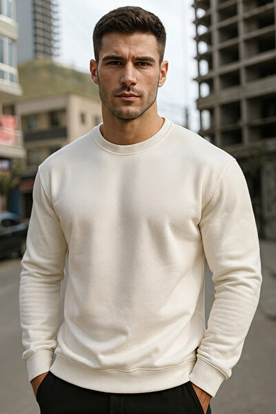 metsawear Unisex Ecru Color Crew Neck Sweatshirt 2 Thread Cotton