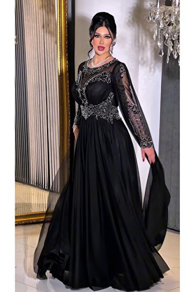 NHMODA Tulle Fabric, Transparent Sleeves, Flared Evening Dress with Embroidery Detail