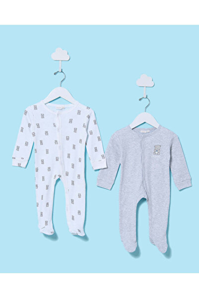 REDTAG Baby Grey And White Printed Sleepsuit Set (2 Piece)