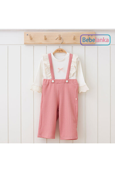 Mymio Kız Çocuk Somon Fitilli Örme Fırfırlı Tulum Salopet 2'li Takım 195191