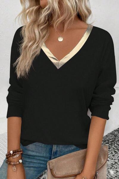 Mossta Parlak V Yaka Detaylı Viskon Bluz - Siyah