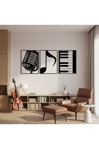 İkona Design Studio Müzik Odaları İçin Siyah Ahşap Çerçeveli 3'lü Poster Tabl...