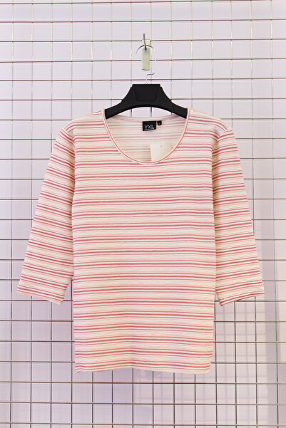 YXL COLLECTION Γυναικείο πουλόβερ με ριγέ μανίκια τριών τετάρτων από ύφασμα πικέ μεγάλου μεγέθους