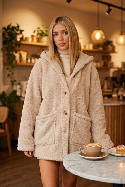 Mossta Winter Hooded Plush Coat – Beige Pocket Model