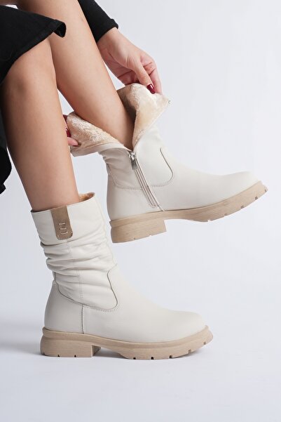 ANALİN SHOES Γυναικείες μπότες από γνήσιο δέρμα με επένδυση από γούνα - Κρεμ