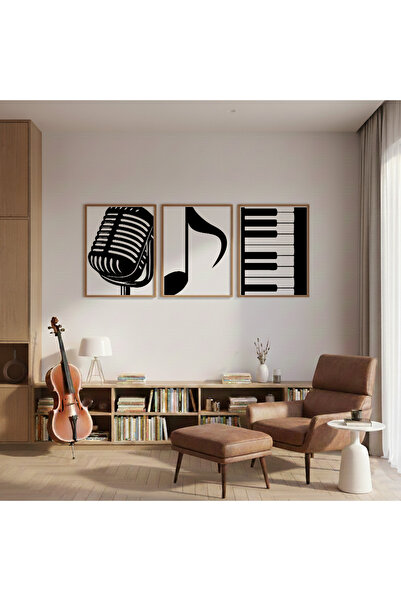 İkona Design Studio Müzik Odaları İçin Ahşap Çerçeveli 3'lü Poster Tablo Seti...