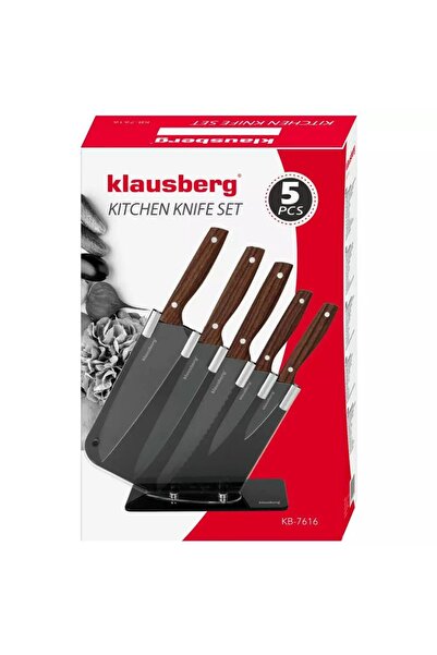 Kinghoff Set of 5 knives, with black stand, wooden handle, Klausberg