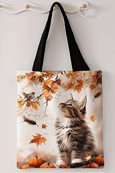 Bagg Canvas Zippered Autumn and Cat Printed Bag